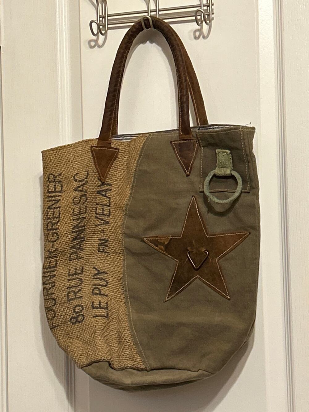 Barrel Shack Canvas Star Tote Leather Accents Western Boho